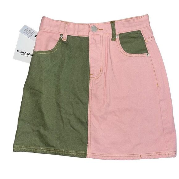 Glamorous Denim Colorblock Jean Skirt 4 NWT - Picture 1 of 5